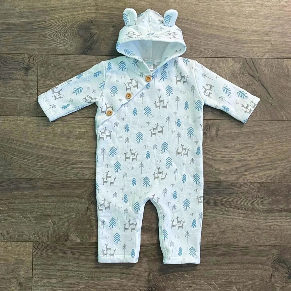 Feather Baby Woodland Deer and Trees Pima Cotton 3-6m Hooded Coverall Romper - Picture 1 of 6